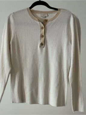 LOFT Cream Ribbed Henley with Tan Trim
